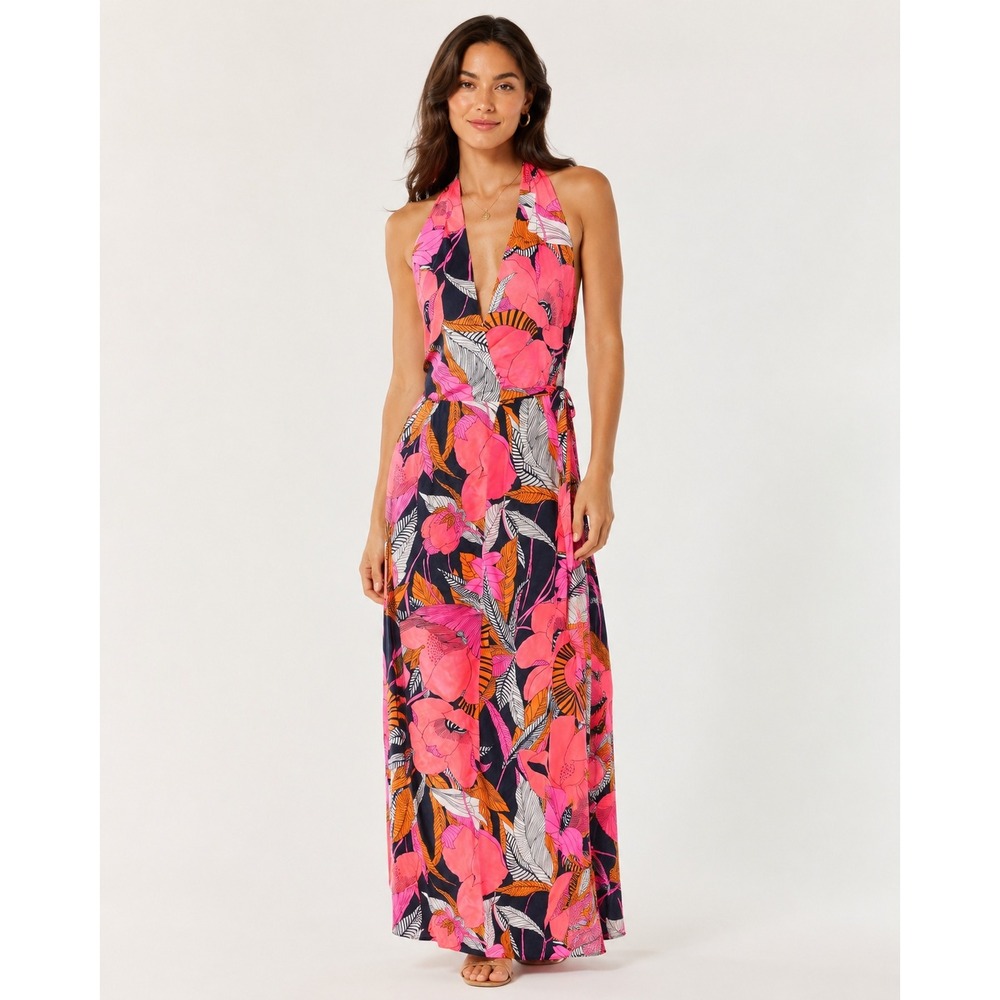 Calypso Bermuda Pink Floral Halter Wrap Maxi Dress Size 8 Fits Small